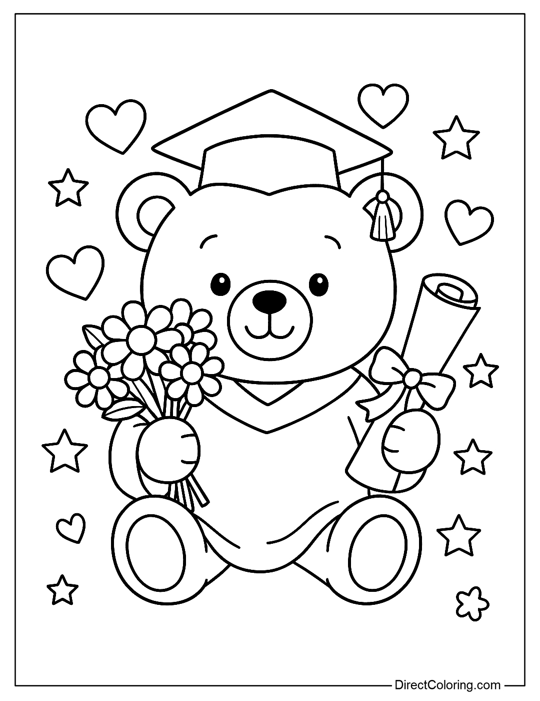 a coloring page of a teddy bear wearing a graduation gown, holding flowers and a diploma, surrounded by hearts and stars